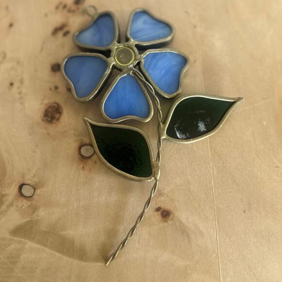 Stained Glass Flower Suncatcher – Blue Petals & Green Leaves - Picture 2 of 2